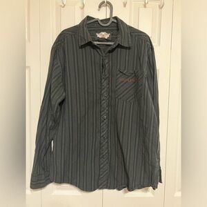 Harley Davidson Button Up Shirt Me S Sz L Gray And Black Striped‎  Logo Casual